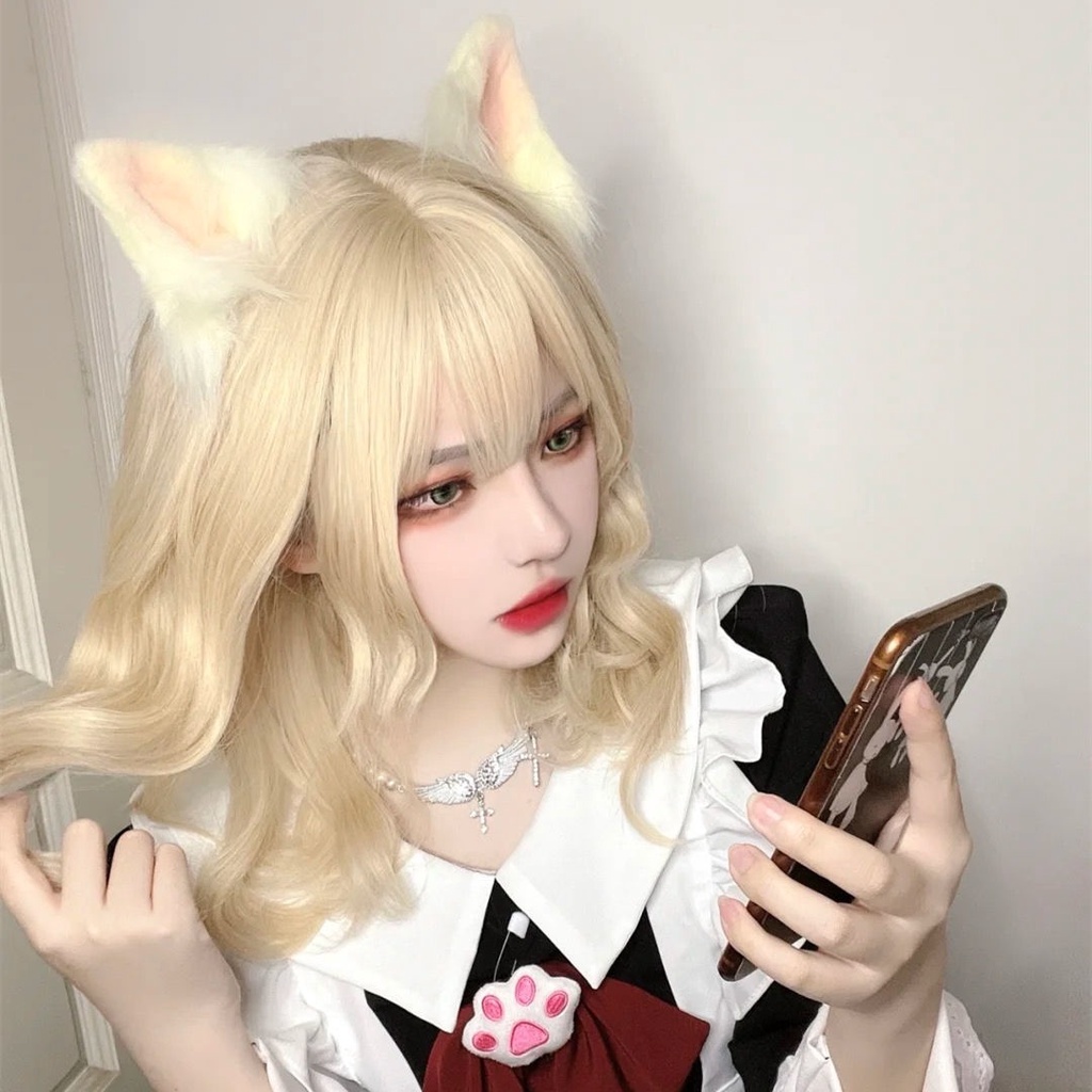 Bộ Tóc Giả Xoăn Dài Màu Vàng Nhạt Dễ Thương Cho Nữ