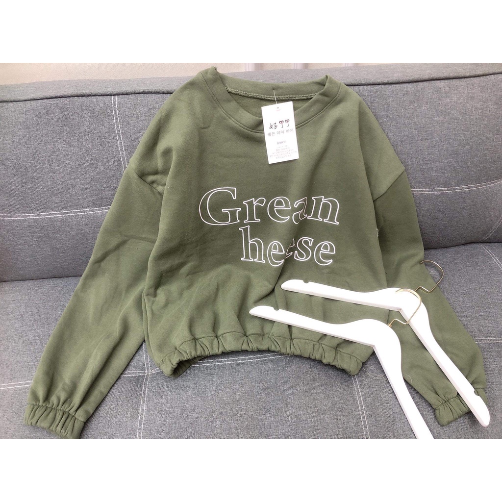 Áo croptop nỉ dài tay dáng thụng grean màu xanh in chữ cá tính, có ảnh và video thật, size s-xl