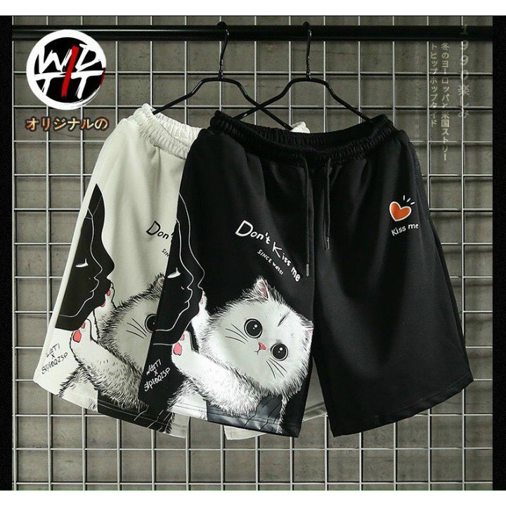 Quần short, sọt đùi ngắn thể thao nam 2 túi kéo khoá vải thun lạnh dày đẹp in hoạ tiết con mèo dễ thương cực xịn