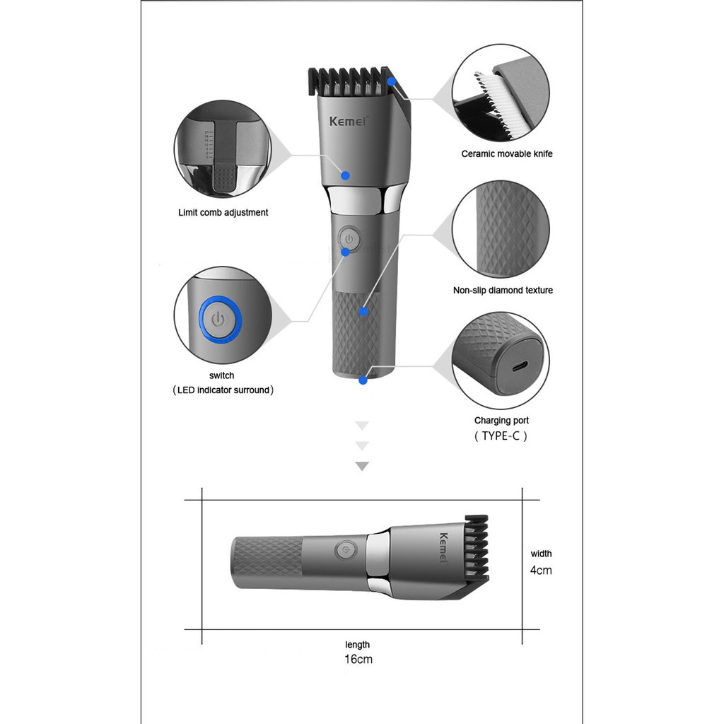 Lưỡi gốm siêu bềnTông đơ cắt tóc gia đình Kemei Km 1245, lưỡi gốm siêu bền, có 7 cữ cắt thay đổi linh hoạt, sạc nhanh