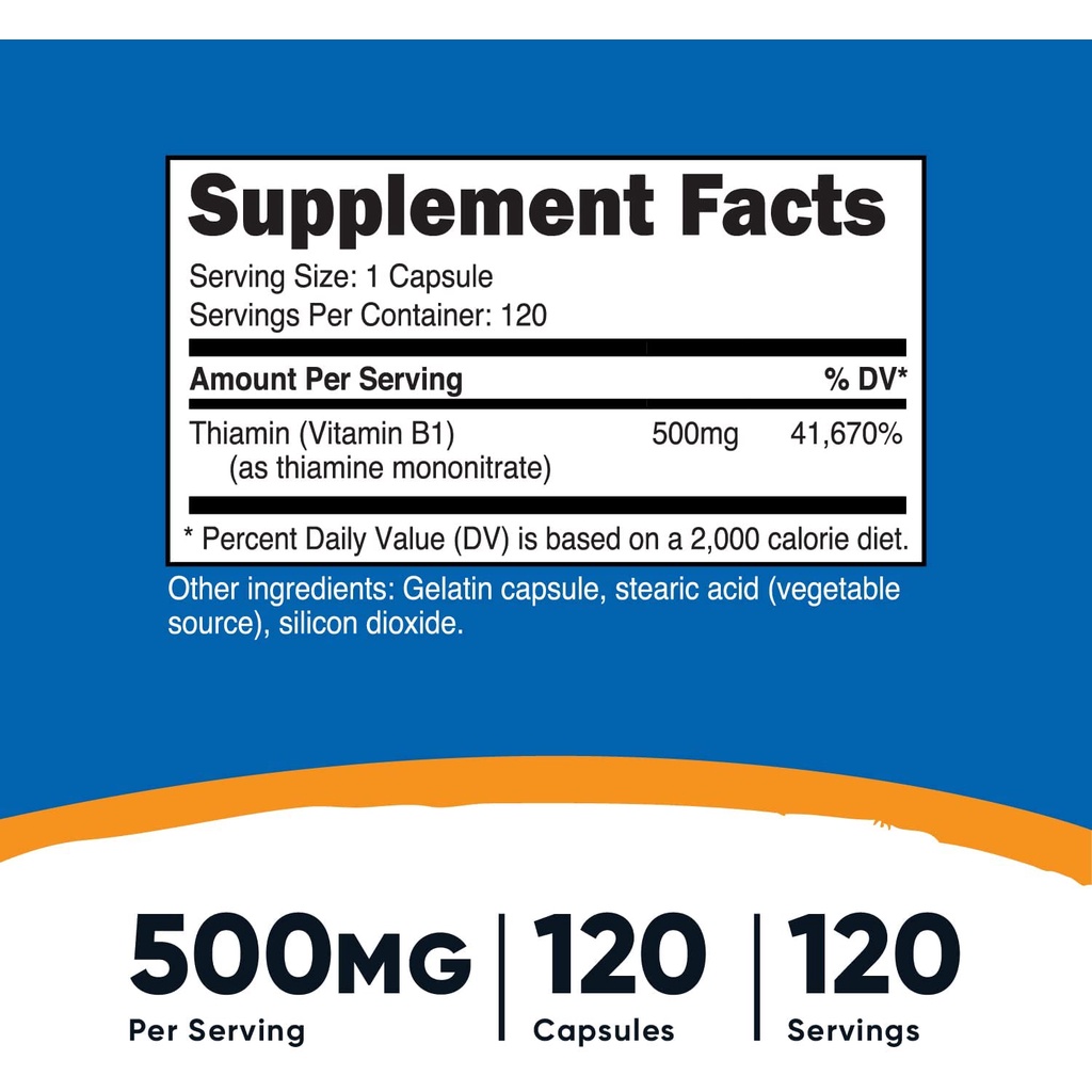 Nutricost Vitamin B1 500mg Thiamine Mononitrate Viên uống hỗ trợ chức năng hệ thần kinh, chuyển hóa năng lượng 120 viên