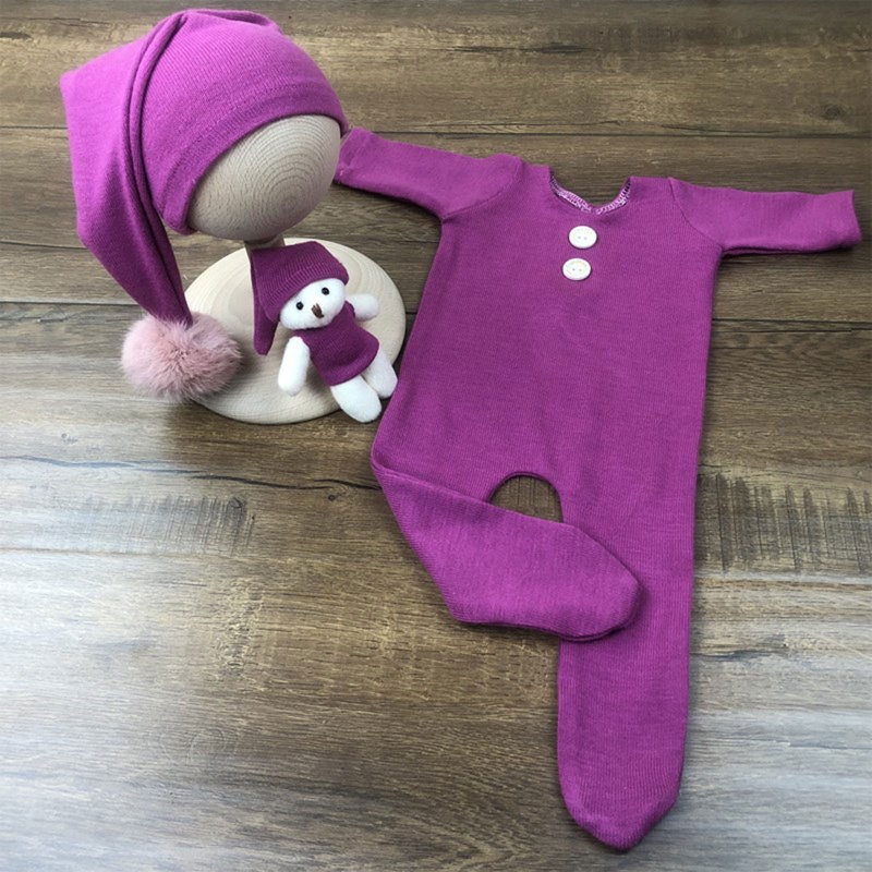 Bộ 3 Món Áo Liền Quần Tay Dài + Nón + Bóng Lông Cho Bé Sơ Sinh Chụp Ảnh