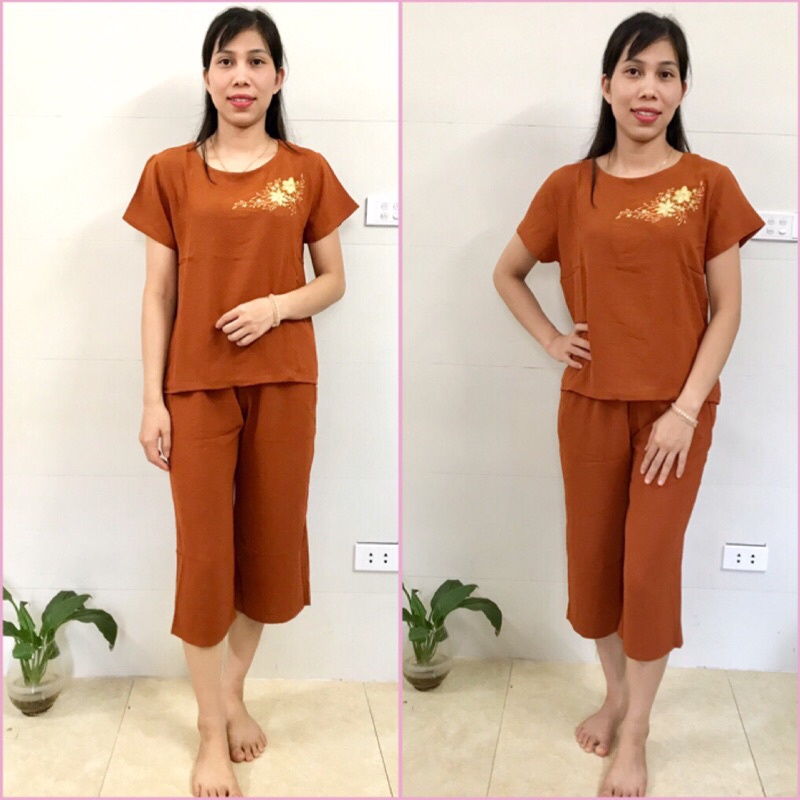 Bộ Đũi Tơ Tay Cộc Quần Lửng cho Bà Cho Mẹ - Bộ mặc Nhà Hoa Văn Thêu Cho Người Lớn tuổi