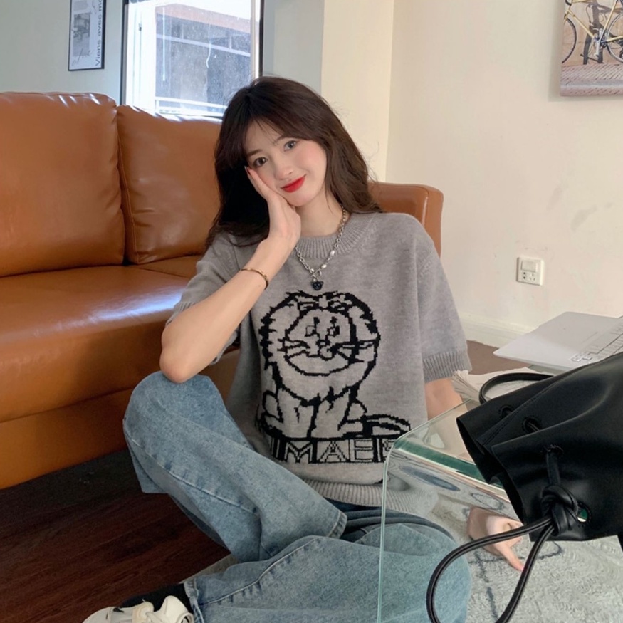 ZHELIHANGFEI Áo len dệt kim thêu ngắn tay áo ngắn tay kiểu dáng rộng rãi đa năng