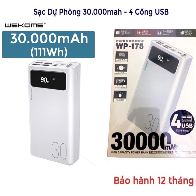 Pin sạc dự phòng 30000mah WK 175, đèn led hiển thị pin, 4 cổng USB đa năng, hàng chính hãng