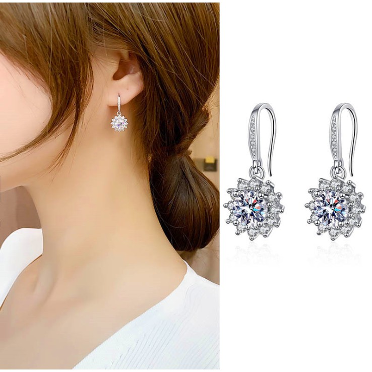Bông tai hoa mặt trời thời trang S925 Bạc cao Carbon Diamond Earrings cho phụ nữ