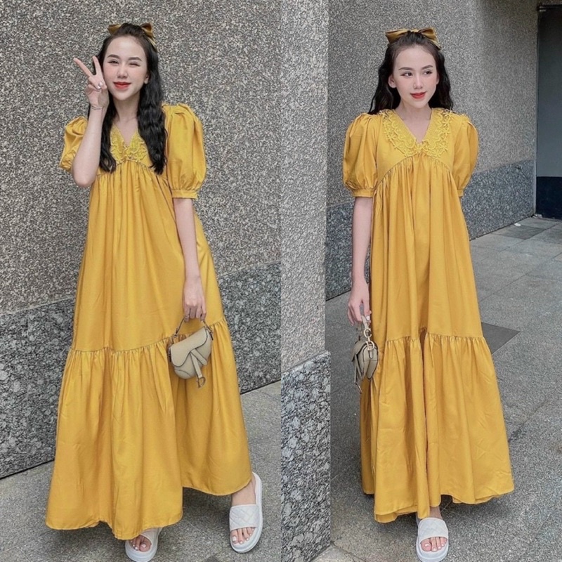Maxi suông dài phối cổ ren vàng dễ thương, thời trang đầm váy hot girl bà/mẹ bầu đi chơi/biển dạo phố du lịch hình thật