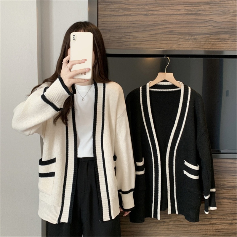 Áo Khoác Cardigan Dệt Kim Tay Dài Dáng Rộng Họa Tiết Kẻ Sọc Thời Trang Mùa Thu Phong Cách Hàn Quốc Cho Nữ