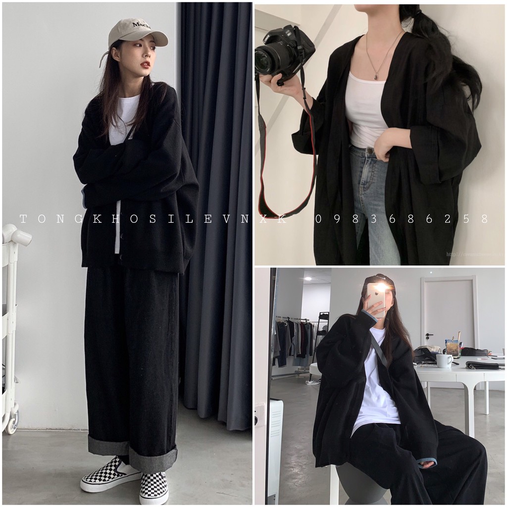 ÁO KHOÁC LEN CADIGAN ĐEN PHA NỈ - ÁO CARDIGAN LEN NỮ BASIC KOREA MÀU ĐEN NAM NỮ UNISEX