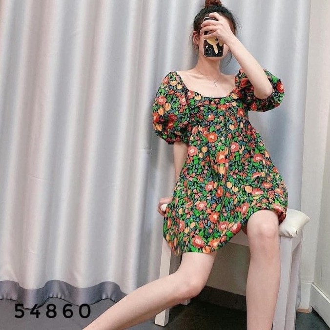 Đầm babydoll hoa nhí tay bồng tiểu thư, Váy hoa nhí nữ dáng suông ngắn siêu xinh