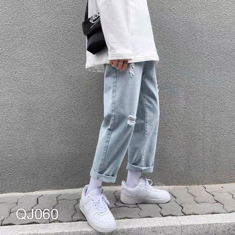 QJ060 - QUẦN JEAN BAGGY NAM WASH RÁCH XANH BẠC