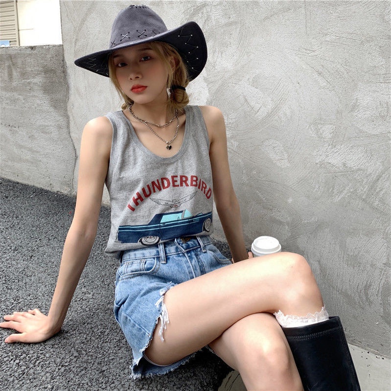 Jiashucheng Áo Thun Sát Nách Dáng Rộng In Chữ Thời Trang Mùa Hè Phong Cách Âu Mỹ Cho Nữ