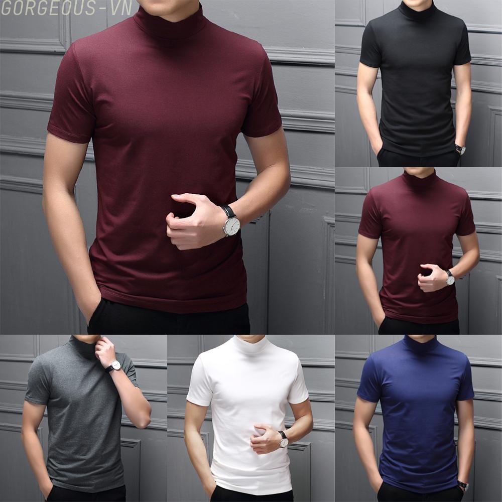GORGEOUS~Men Mock Neck Basic Plain Blouse T-shirt Pullover Short Sleeve Top Bottoming Top