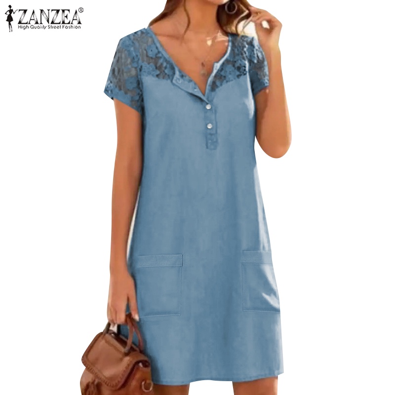 Zanzea Đầm Mini Tay Ngắn Cổ Tròn Phối Ren Thời Trang Cho Nữ