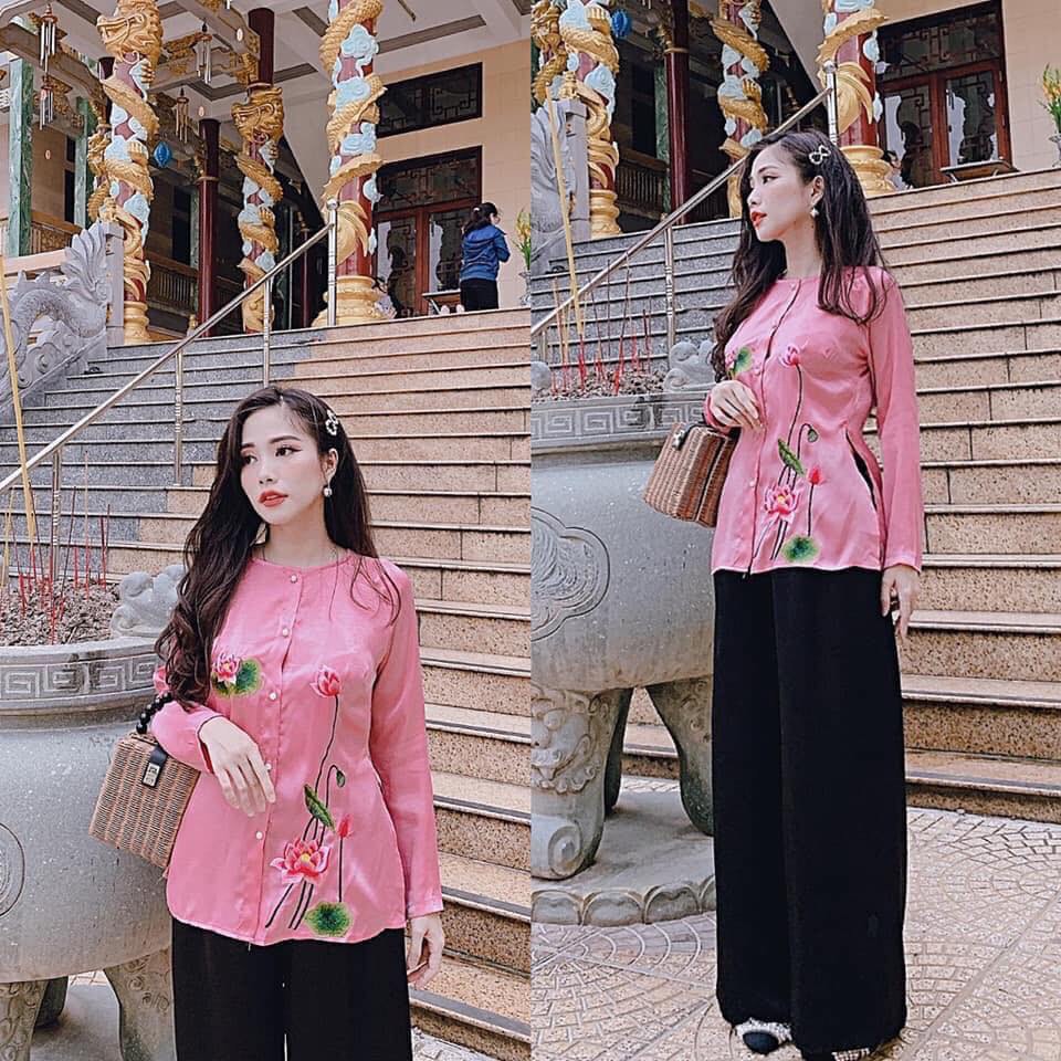 Đồ Lam Đi Chùa set Bà Ba Lụa thêu sen mịn mát L1