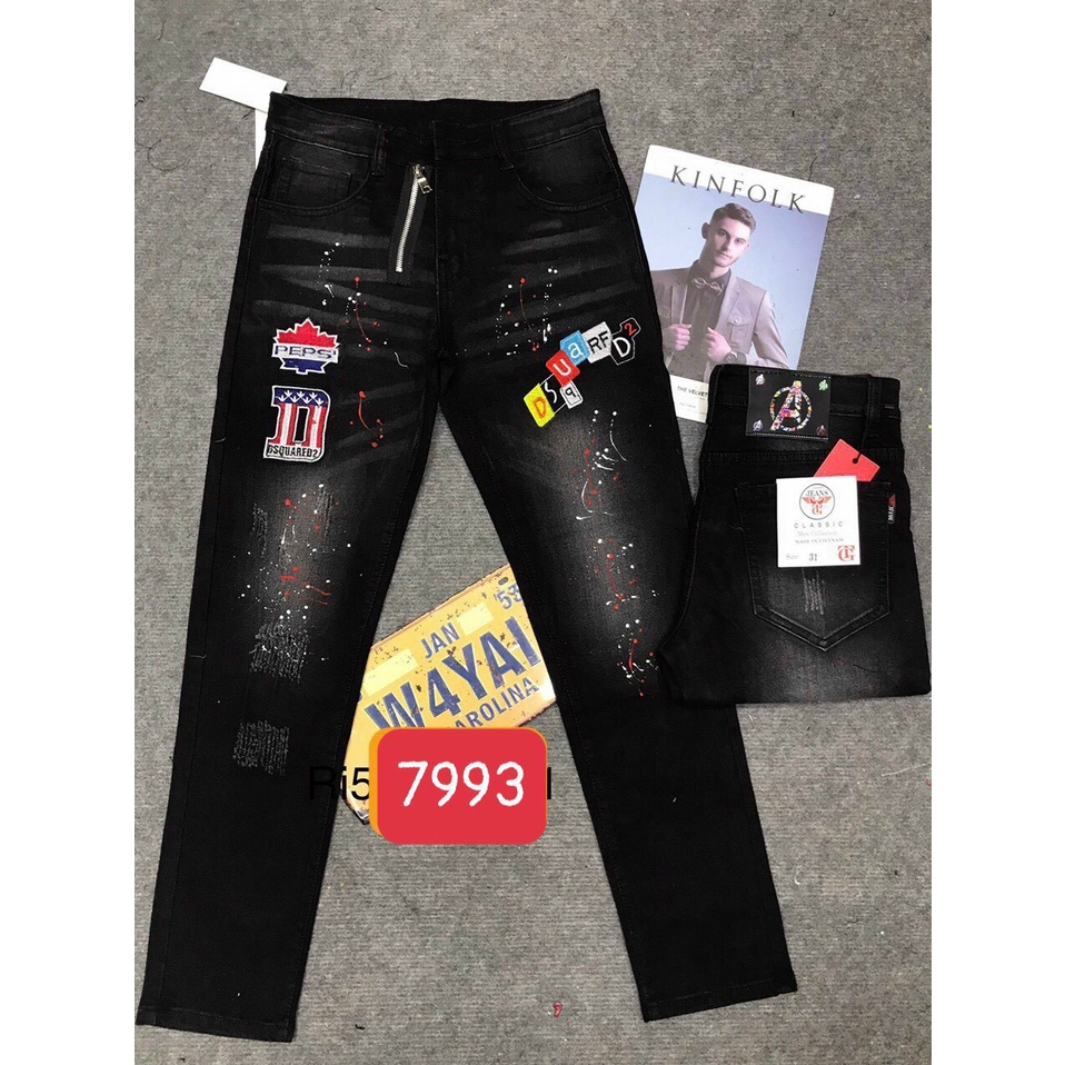 Quần jean nam đen co giãn chất bò loang màu thêu logo form dáng skinny mẫu mới-AHFASHION