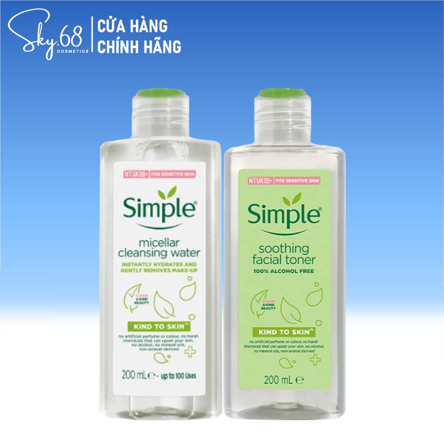 Combo 2 Sản Phẩm Giúp Da Sạch Sâu Và Dưỡng  Ẩm Cho Da Simple Kind To Skin (Tẩy trang 200ml + Toner 200ml)