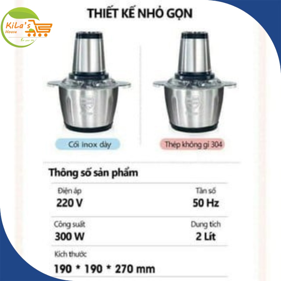 Máy Xay Thịt Đa Năng Cối INOX 2L Công Suất 250W - 2 Lưỡi Kép - Cối xay thực phẩm,tỏi ớt,rau củ tiện dụng