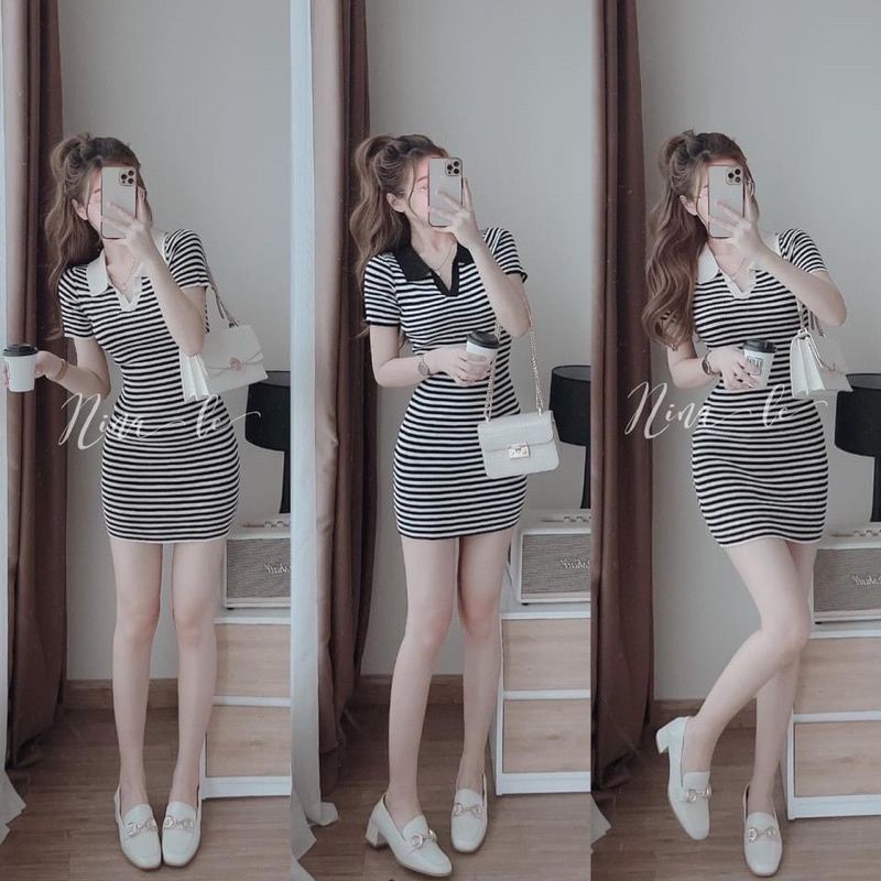 Đầm Body Thun Gân Cổ Bẻ Kẻ Sọc,Đầm Nữ Thời Trang