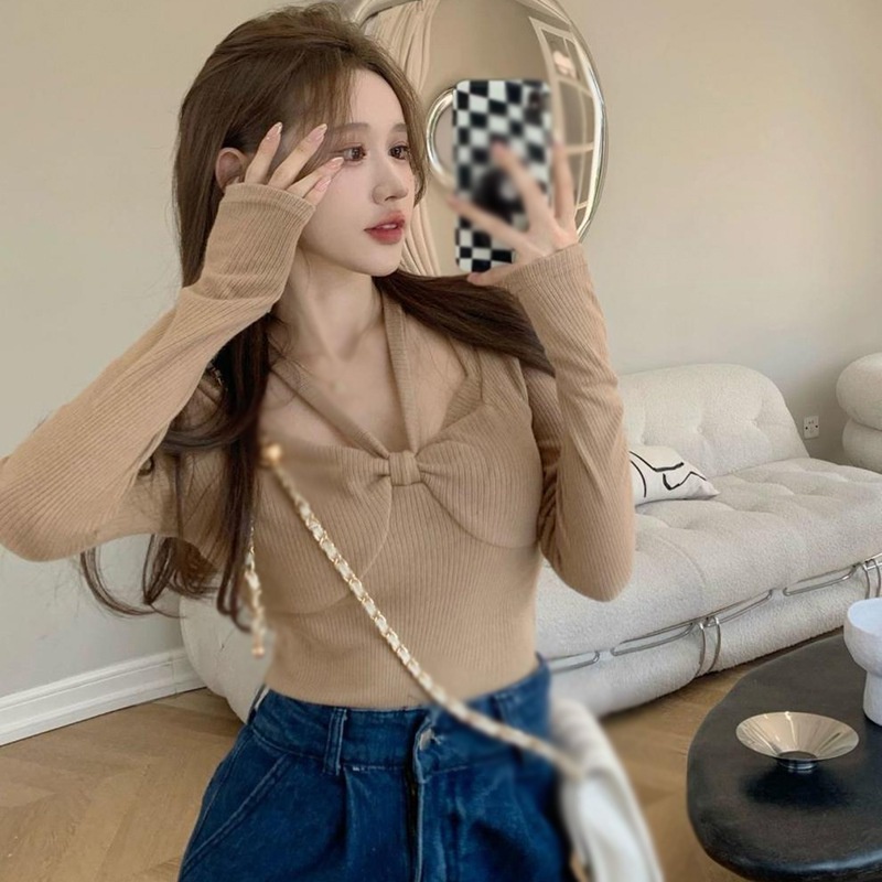 Áo Thun Dệt Kim Tay Dài Cổ Vuông Màu Trơn Ôm Dáng Thời Trang Quyến Rũ Cho Nữ