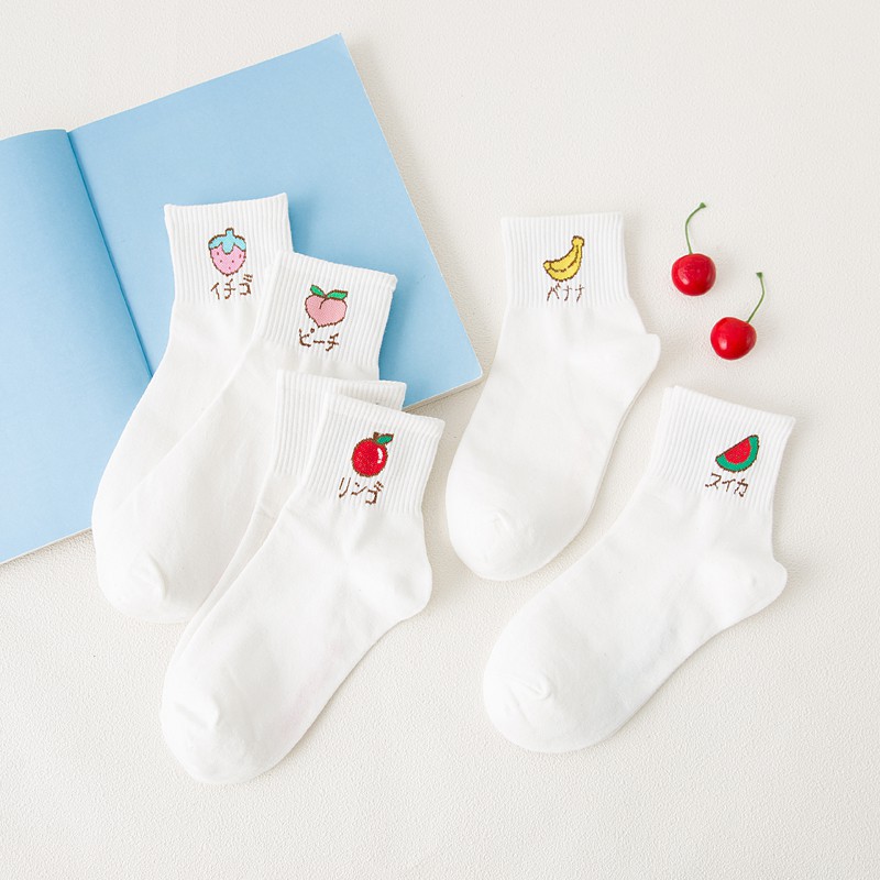 Xiaozhainv Tất thể thao ngắn dáng rộng in hình trái cây phong cách Hàn Quốc