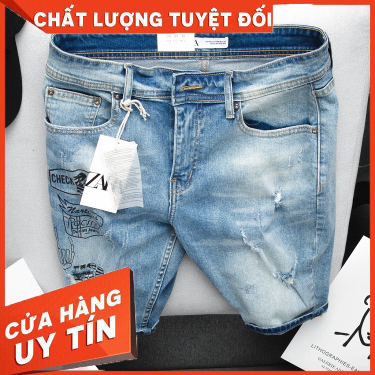 Quần Short Jean Nam ZARA hàng VNXK form slim ngang gối rách