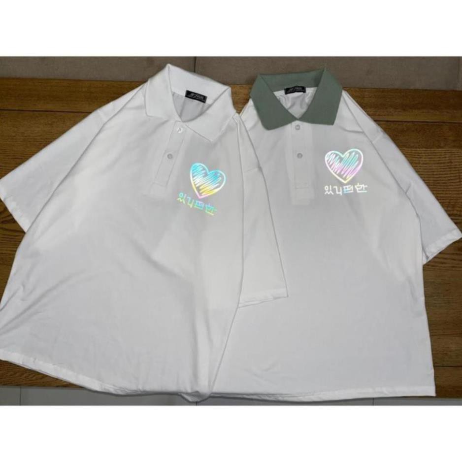 1hitshop áo thun tay lỡ Unisex, áo phông form rộng, áo polo có cổ trái tim phản quang
