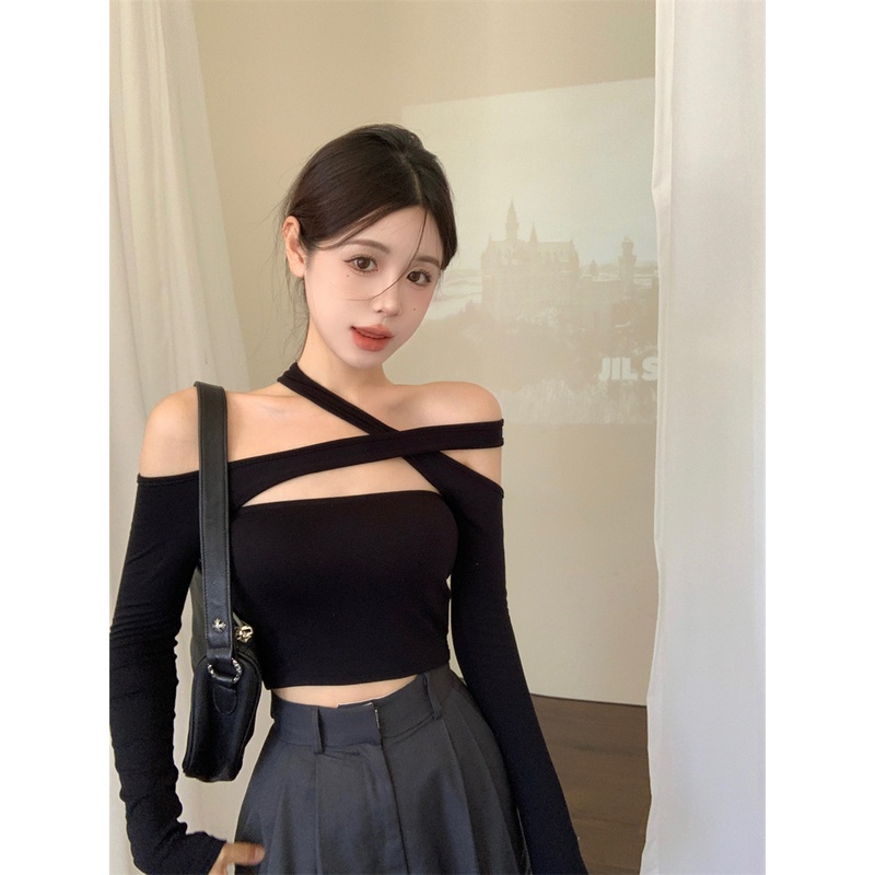 Áo Thun Tay Dài Dáng Ôm Ngắn Hở Vai Màu Trơn Dễ Phối Đồ