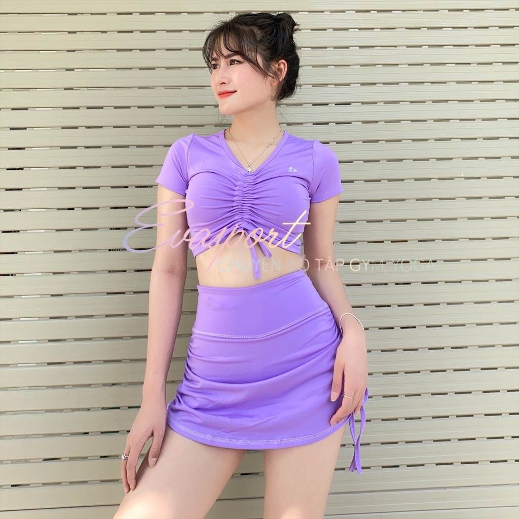 Bikini bộ bơi áo tay lửng rút ngực phối váy dây rút quần đùi kín đáo dễ thương EVA TLVDR