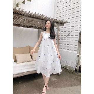 Đầm maxi thiết kế, vải kate thêu may 2 lớp
