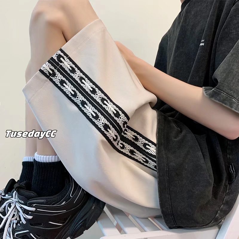 Quần Short Lưng Thun Ống Rộng Phối Sọc Bên Hông Phong Cách Hip Hop Đường Phố Hàn Quốc Cỡ M-3XL Cho Nam