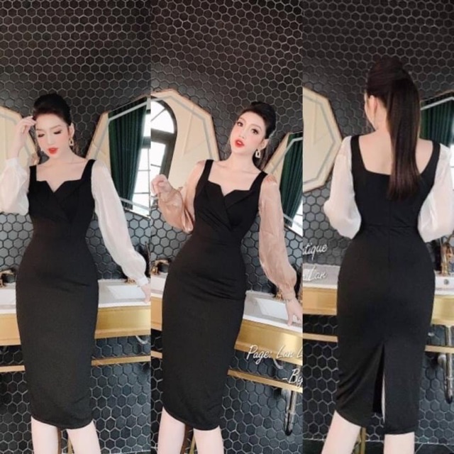 Váy cổ u chéo tay tơ bồng dài