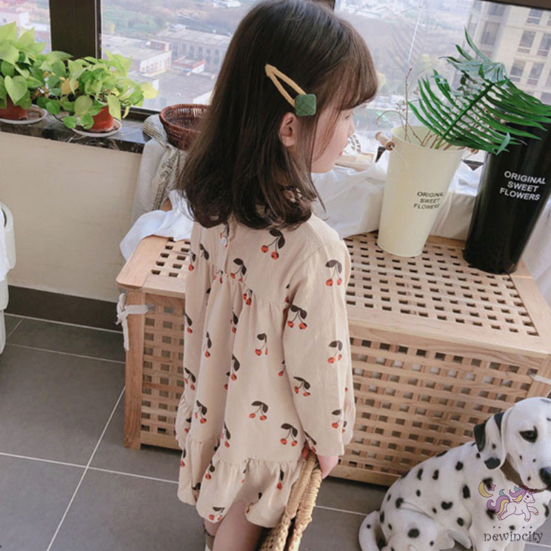Đầm bé gái tay dài in trái cherry xinh xắn phong cách Hàn Quốc