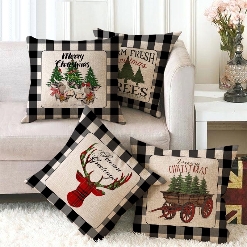 Vỏ gối sofa vải lanh hình nai sừng tấm/hoa tuyết màu đỏ đen chủ đề Giáng sinh trang trí nhà