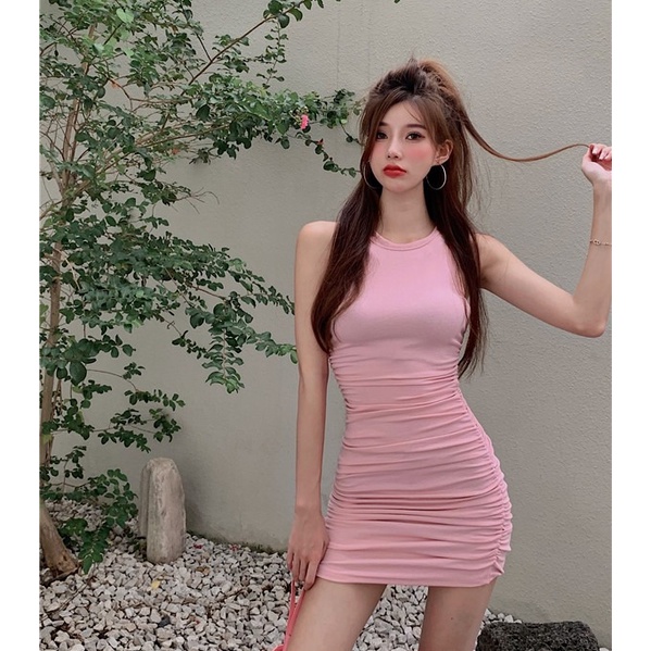 QKOOLE  Đầm Xếp Ly Màu Sắc Thanh Lịch