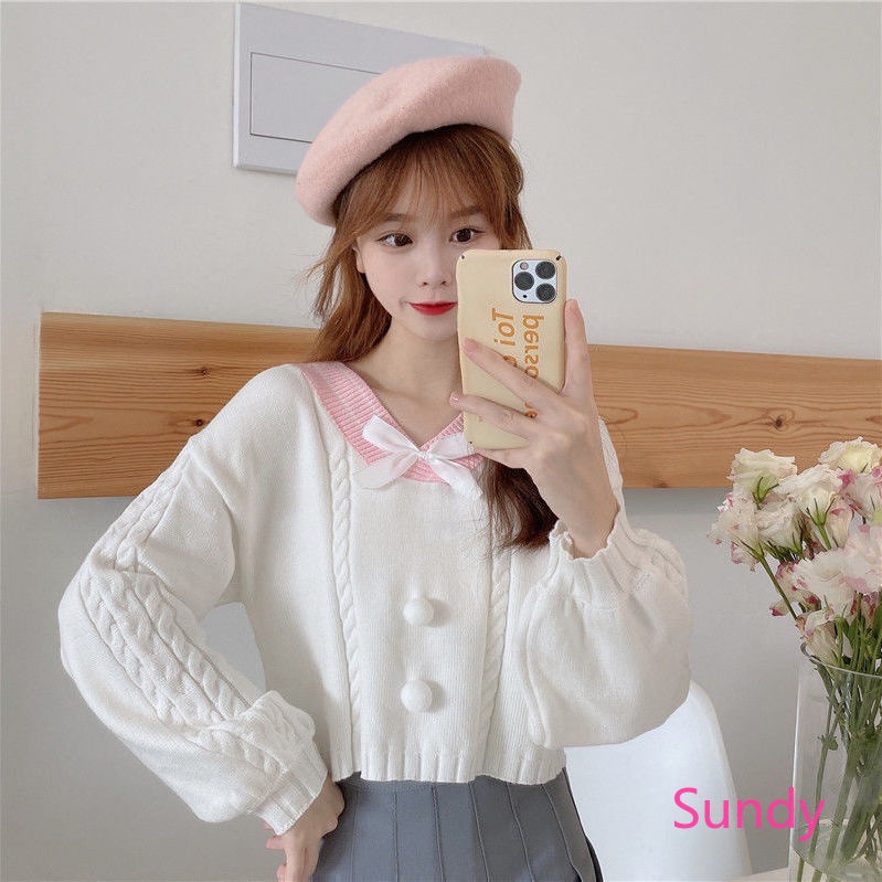 Áo Sweater Dáng Rộng Cổ Chữ V Phối Nơ Xinh Xắn Theo Phong Cách Mùa Thu