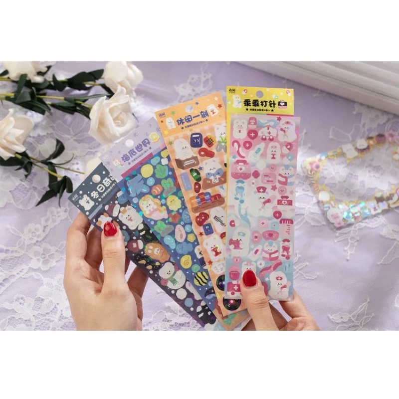 Set 2 tấm sticker Hình dán gấu thỏ nhỏ mẫu Hàn Quốc Lấp Lánh trang trí Toploader xinh