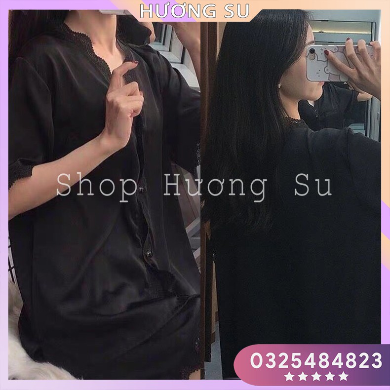 Bộ ngủ đùi phi bóng đen ren viền form rộng Hương Su-(PVN2162)