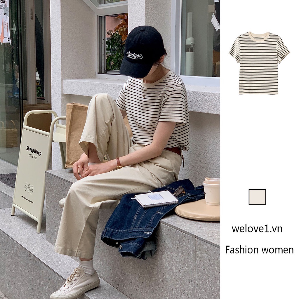 Thời trang nữ Hàn Quốc áo thun tay ngắn cổ thuyền và họa tiết rời đa năng sọc dễ thương trên cùng