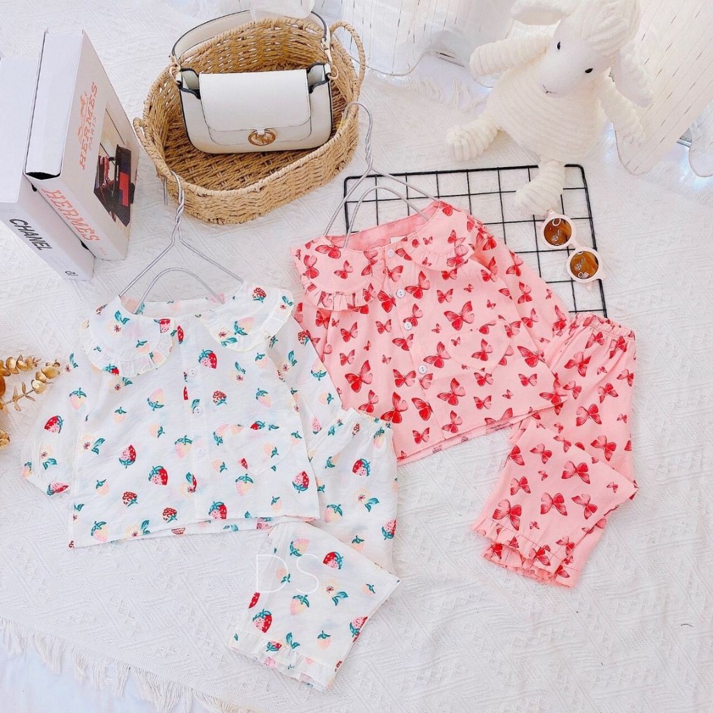 Đồ bộ Pijama bé gái kiểu dáng bánh bèo chất vải đũi họa tiết dễ thương (10-22kg) - Hirokids