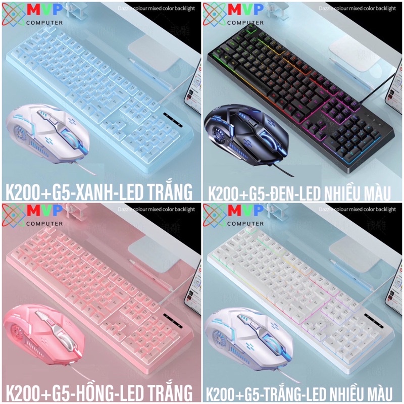 Bàn Phím Chuột Gaming Máy Tính Laptop Giả Cơ YINDIAO K200 G5 LED RGB Xuyên Chữ Mix 4 Màu Hồng Xanh Trắng Đen Cute