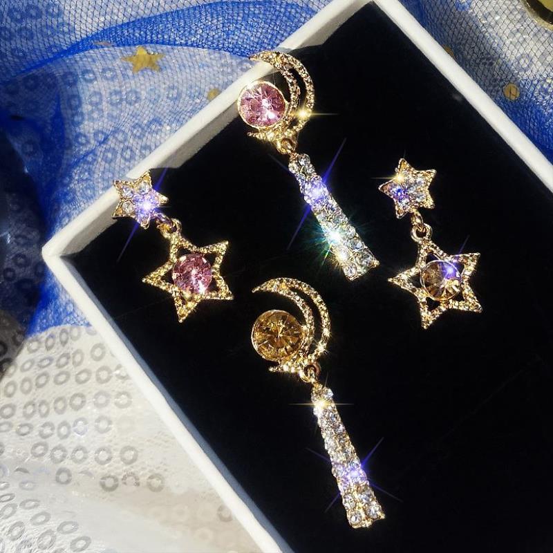 Hoa Tai Dáng Dài Hình Mặt Trăng Và Ngôi Sao Đính Đá Mạ Bạc 925 Cho Nữ