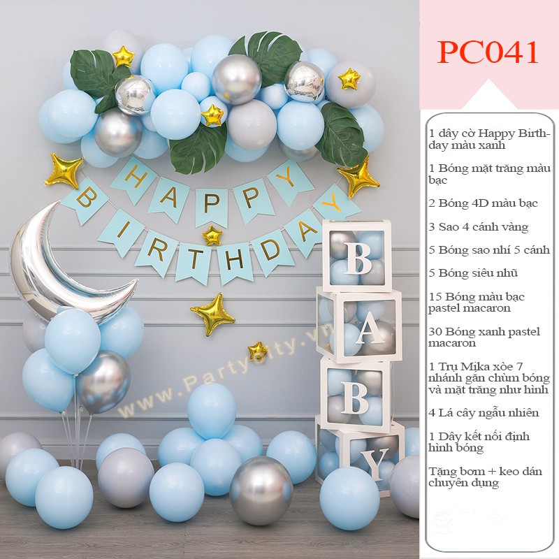 Set Trang Trí Sinh Nhật Bé Trai bóng tone màu xanh pastel PC041