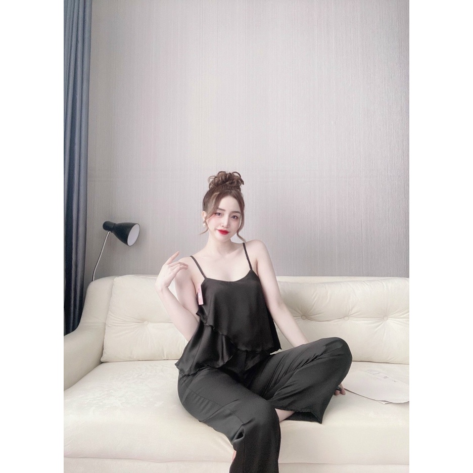 Đổ ngủ lụa satin, bộ mặc nhà quần dài áo 2 dây kiểu vạt xéo, chất vải đẹp, mát, may đẹp, phom rộng thoải mái dưới 55kg | BigBuy360 - bigbuy360.vn