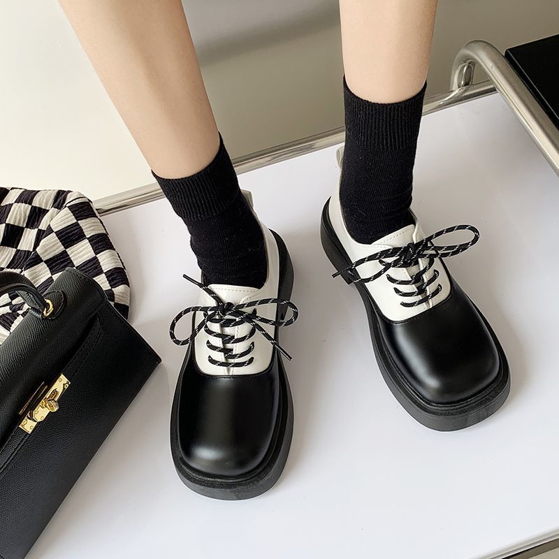 Giày Da Mũi Tròn Màu Tối Phong Cách Anh Quốc Cổ Điển Thời Trang Cho Nữ