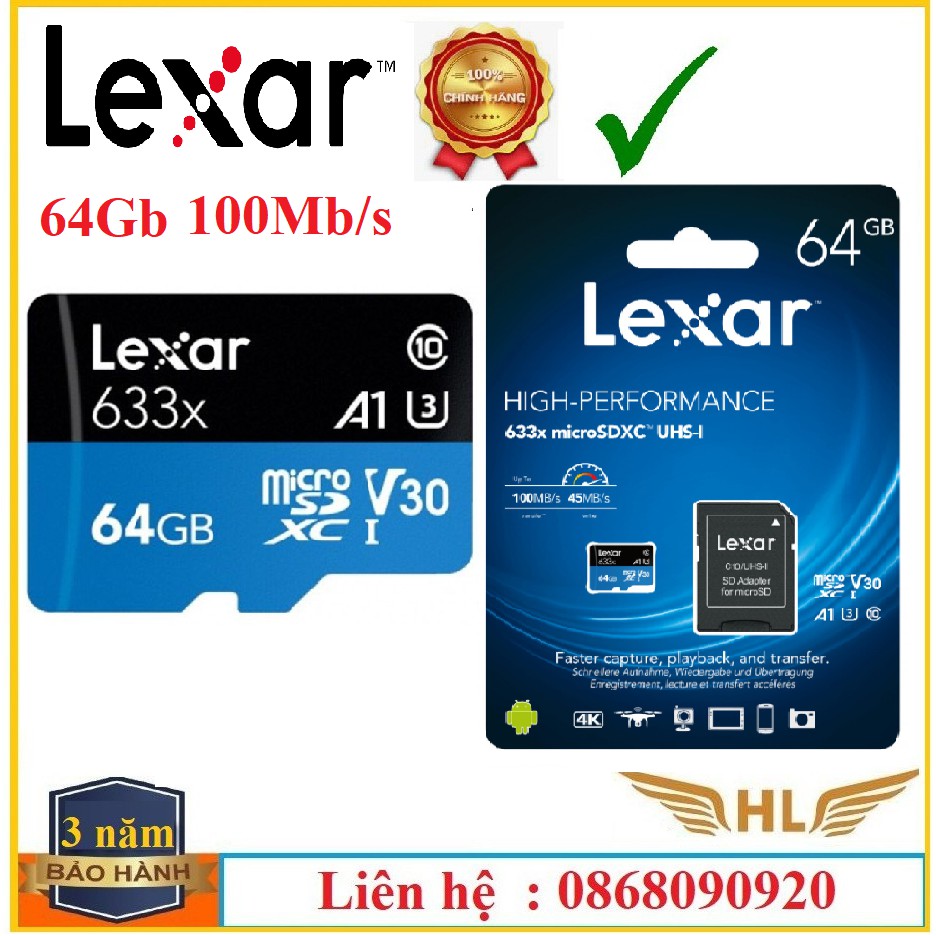 Thẻ Nhớ 64G Lexar , Lexar 64Gb ,Lexar 32Gb Class 10 tốc độ 100Mb/s Thẻ Nhớ Camera,Thẻ Nhớ Điện Thoại - Hàng Chính Hãng