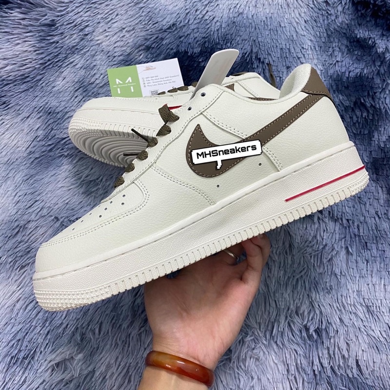 Giày Thể Thao MHSneakers AF1 Màu Trắng Kem Vệt Nâu, Giày Sneaker Thời Trang Nam Nữ