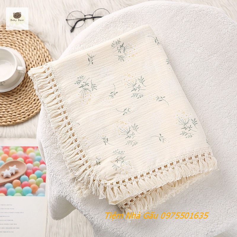 Chăn xô muslin mix viền tua rua cho bé dùng mùa hè kích thước 1m*1.2m dùng lót cũi, lót nền chụp ảnh cho bé
