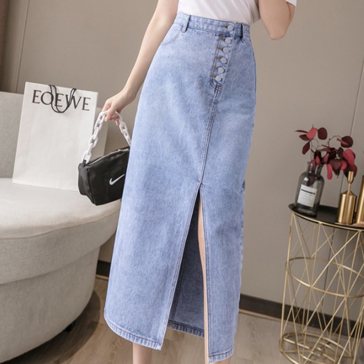 [TRỢ SHIP & CHẤT LƯỢNG] Chân váy jean dài nút lệch xẻ tà C125 dáng dài, vải jeans không co dãn, sành điệu | BigBuy360 - bigbuy360.vn