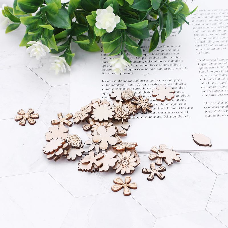 ❤❤100pcs Laser Cut Wood Flowers and leaves Embellishment Wooden Shape Craft